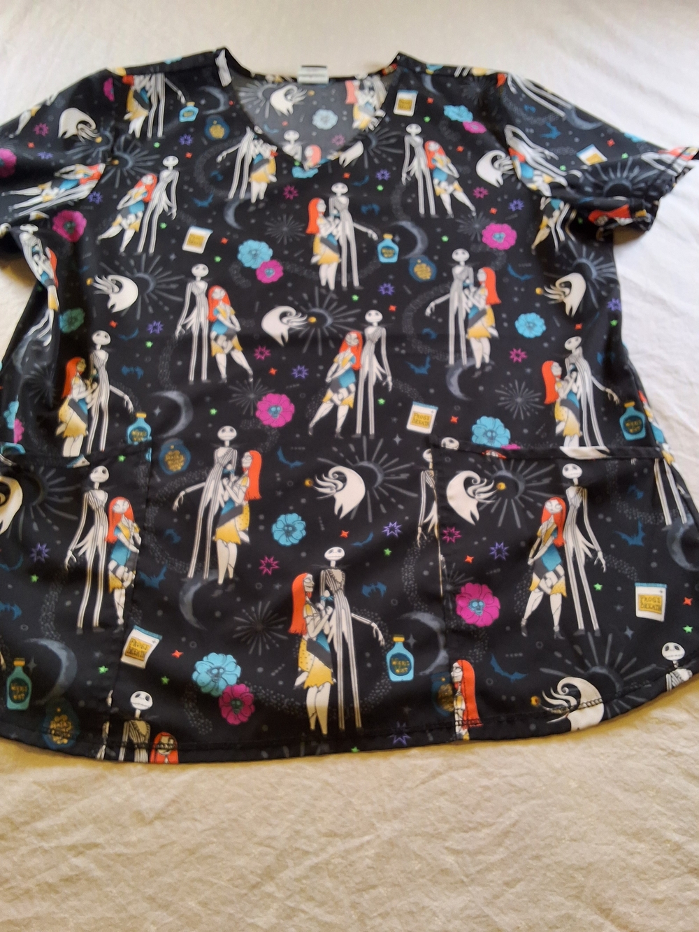 Black Patterned Short Sleeve Scrub with Colorful Character Print
